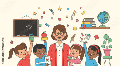 A smiling teacher and her diverse students excitedly celebrate learning in a classroom filled with educational toys and colorful decorations.