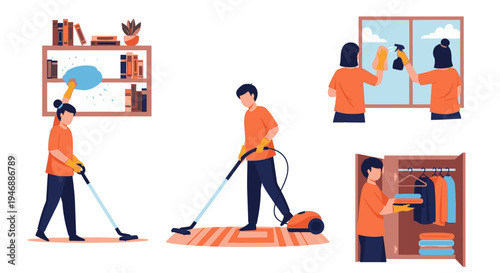 People cleaning house with vacuum and cloth in various rooms