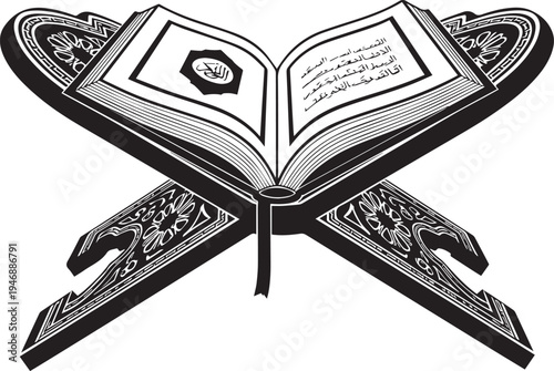 A stylized black and white illustration depicts an open Quran, held by a decorative stand. The Quran pages are filled with intricate Arabic calligraphy and geometric patterns.