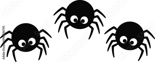 Cartoon spiders with big eyes silhouette, Halloween insect icons, playful arachnid characters, creepy crawly design, flat vector illustration black art