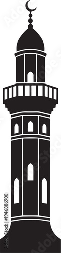 A black silhouette of a tall mosque minaret rises against a white background. The minaret features multiple tiers and arched windows, topped with a crescent moon and star.