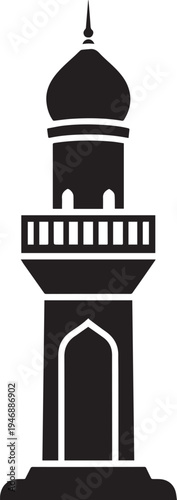 A black silhouette of a mosque with a tall minaret and a decorative base. The mosque features arched windows and a pointed spire, representing Islamic architecture and religious symbolism.