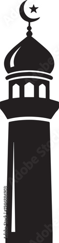 A black silhouette depicts a tall mosque minaret with a crescent moon and star above it. The minaret has multiple tiers and a slender shaft.