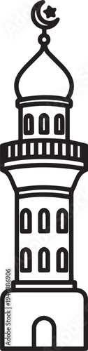 A black and white line drawing depicts a mosque minaret. The minaret has a square base, multiple tiers, and a dome at the top.