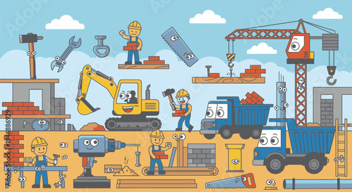 Construction workers build high-rise building with crane, excavator, and dump truck on site