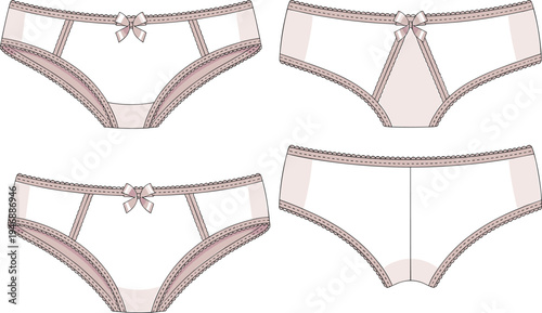 Technical Flat Sketch of Women's Lace Detail Panties Featuring Decorative Bow and Scalloped Trim for Fashion Design Templates and Manufacturing Tech Pack MockupsArt & Illustration