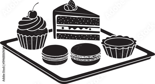 A tray displays a variety of pastries. A layered cake sits alongside a cupcake, macarons, a tart, and a croissant.