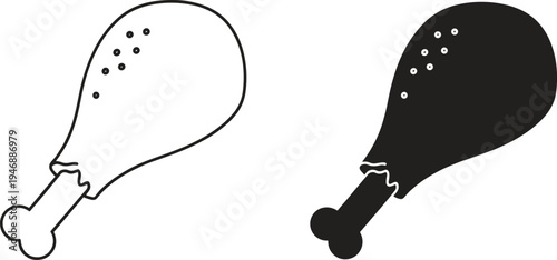 Chicken drumstick silhouette icons, food meat design, black and white comparison artwork, culinary cooking symbol, flat vector illustration graphic art