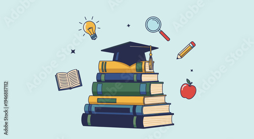 A stack of colorful books with graduation cap and stationery on a table indoors