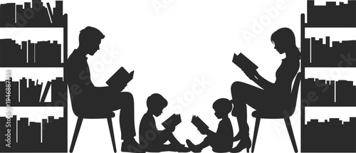 Family reading together in a library bookshelves silhouettes