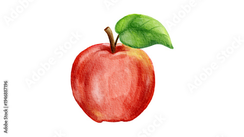 Red apple fruit with green leaf watercolor illustration