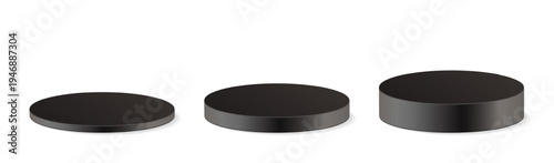 Vector set black cylindrical plinth podium in ascending height. 3d mockup round stand product presentation in realistic style. Black stand pedestal 