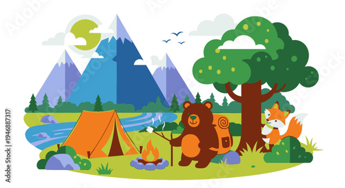 A bear roams near a campsite with a tent, tree, and mountain landscape