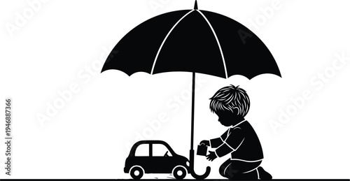 Child playing with toy car under umbrella silhouette, rainy day childhood concept, protection and imagination theme, flat vector illustration