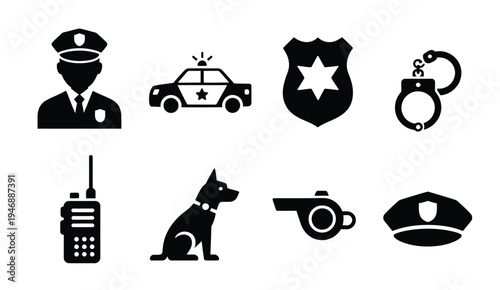 Police icon set, featuring silhouette symbols of law enforcement tools, equipment, and badges for security, safety, and public service vector illustrations.