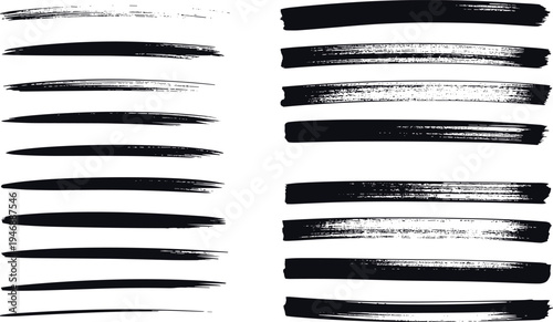 Black ink brush stroke collection isolated on white background, grunge paint lines, dry brush textures, artistic design elements for banners, backgrounds and branding