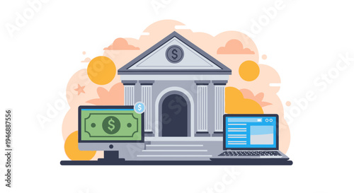 The concept SR_dafe45f6-d3c0-43d8-b563-293c2164accb.eps shows a bank building with a computer and money on screen outdoors.