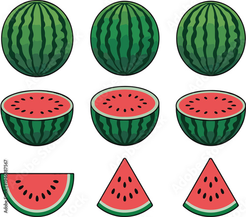 Collection of whole watermelon halves and slices in various cut styles on a clean white background