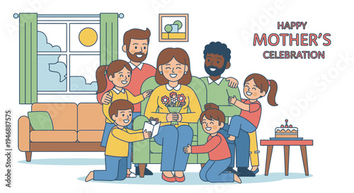 A family celebrates Mother's Day together at home with love