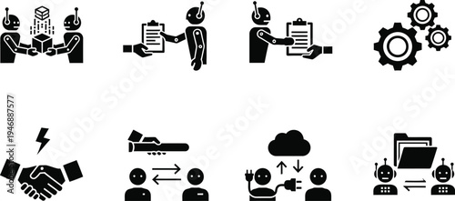 Robot and Artificial Intelligence Integration Icon Set; Vector Flat Symbols for AI Collaboration, Automated Data Management, Smart Contracts, Digital Transformation, and Human-Robot Interaction