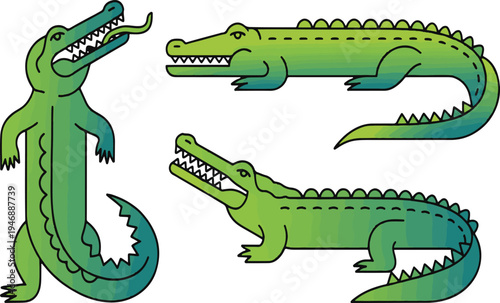 Three stylized green cartoon alligators with sharp teeth and long tails isolated on a transparent background