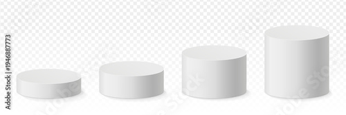 Vector set white cylindrical plinth podium in ascending height. 3d mockup round stand product presentation in realistic style. Blank stand pedestal 