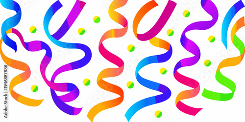 Colorful ribbons and confetti create a festive celebratory background