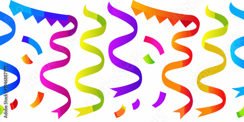 Colorful confetti ribbons float and swirl against a white background
