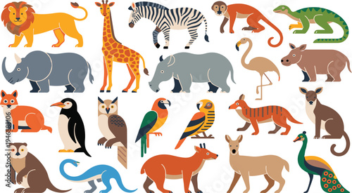 A diverse collection of stylized wild animals and birds is presented against a clean white background