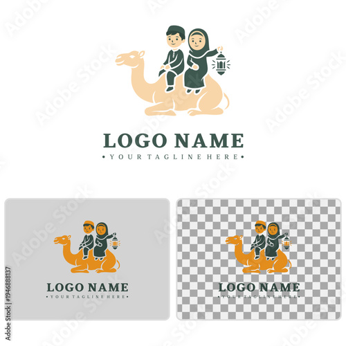 Islamic Children Logo Vector: Kids on Camel with Ramadan Lantern