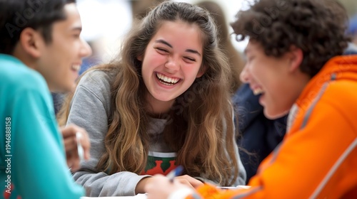 Group of diverse teenagers laughing and studying together