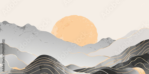 Minimalist landscape with a golden sun rising over gray mountains
