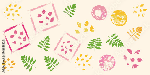 Colorful botanical prints and shapes arranged on a pale background