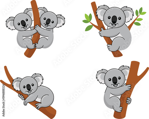 Four adorable cartoon koalas are depicted clinging to tree branches in various playful poses isolated on a white background