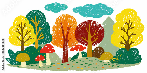 A colorful illustration depicts trees mushrooms and a whimsical forest scene