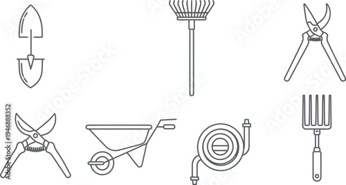 Various gardening tools arranged in a grid pattern.