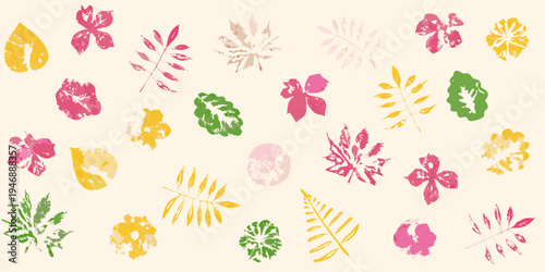 Colorful leaf prints scattered across a pale neutral background