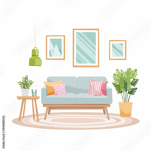 Cozy living room with modern sofa, plants, and artwork on the wall