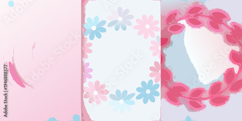 Abstract floral arrangement with pink blue and red watercolor brushstrokes