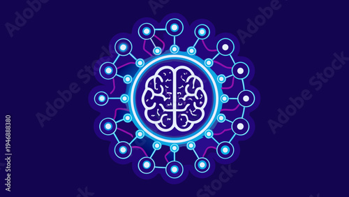 Artificial intelligence concept with a brain at the center of a network