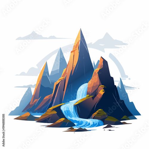Stunning Illustration of a Mountain Range with a Beautiful Waterfall, Capturing Nature's Grandeur and Serenity