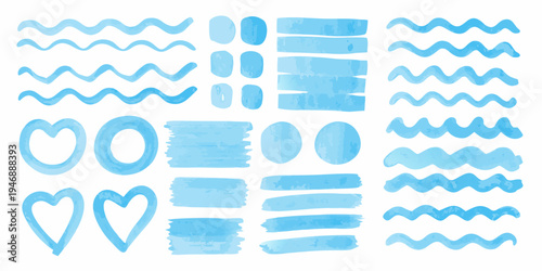 Watercolor brush strokes and wave shapes in varying shades of blue