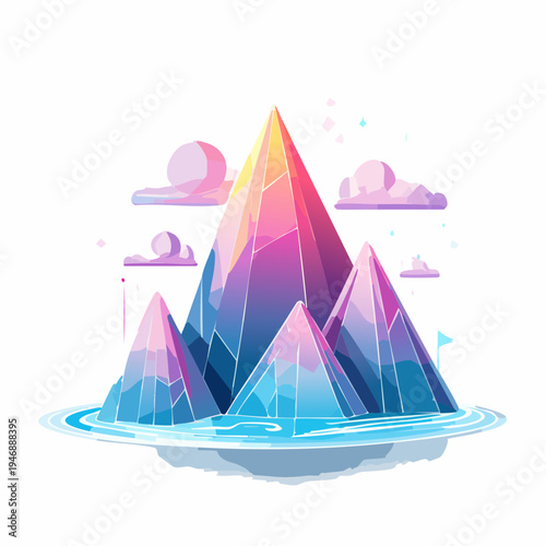 Whimsical abstract mountain peaks in vibrant gradients rise from placid waters, a fantastical digital realm