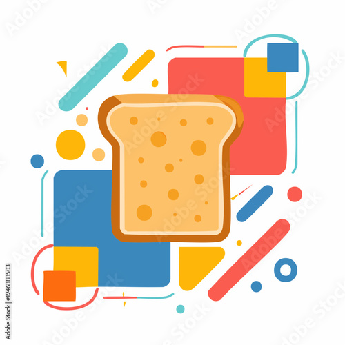 Vibrant and Modern Flat Design Illustration of a Fresh Bread Slice with Colorful Abstract Geometric Elements, Food Concept