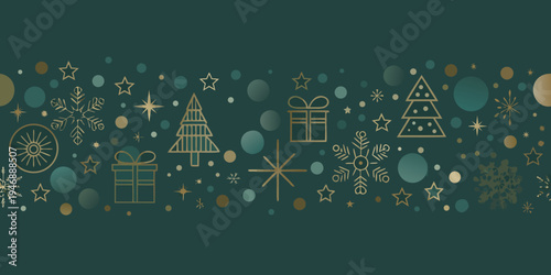 Festive seamless pattern with golden christmas ornaments on teal background