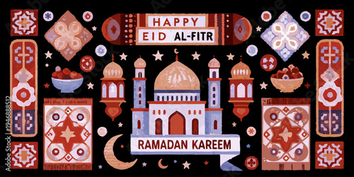 A colorful illustration celebrating happy eid al fitr and ramadan kareem