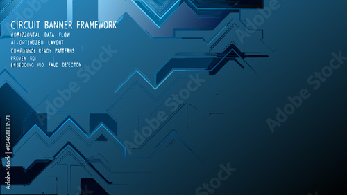 Abstract blue circuit board design with text overlay and directional lines