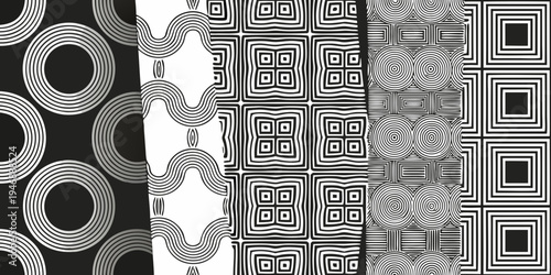 Four black and white optical illusion patterns displayed side by side