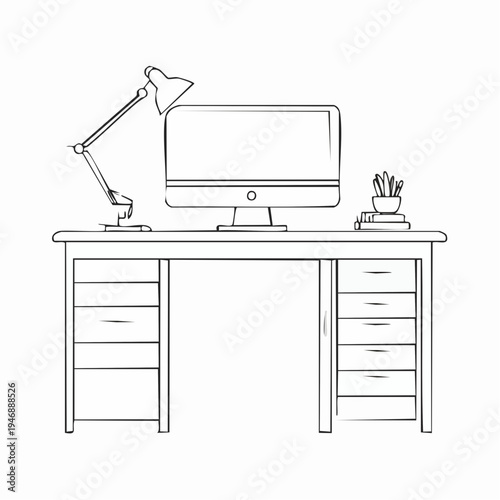 Line art illustration of a desk with a computer, lamp, and plant, perfect for office or study