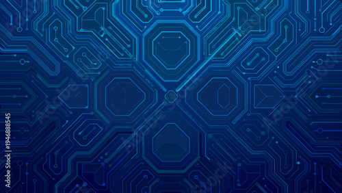 Abstract blue circuit board pattern with interconnected hexagonal shapes